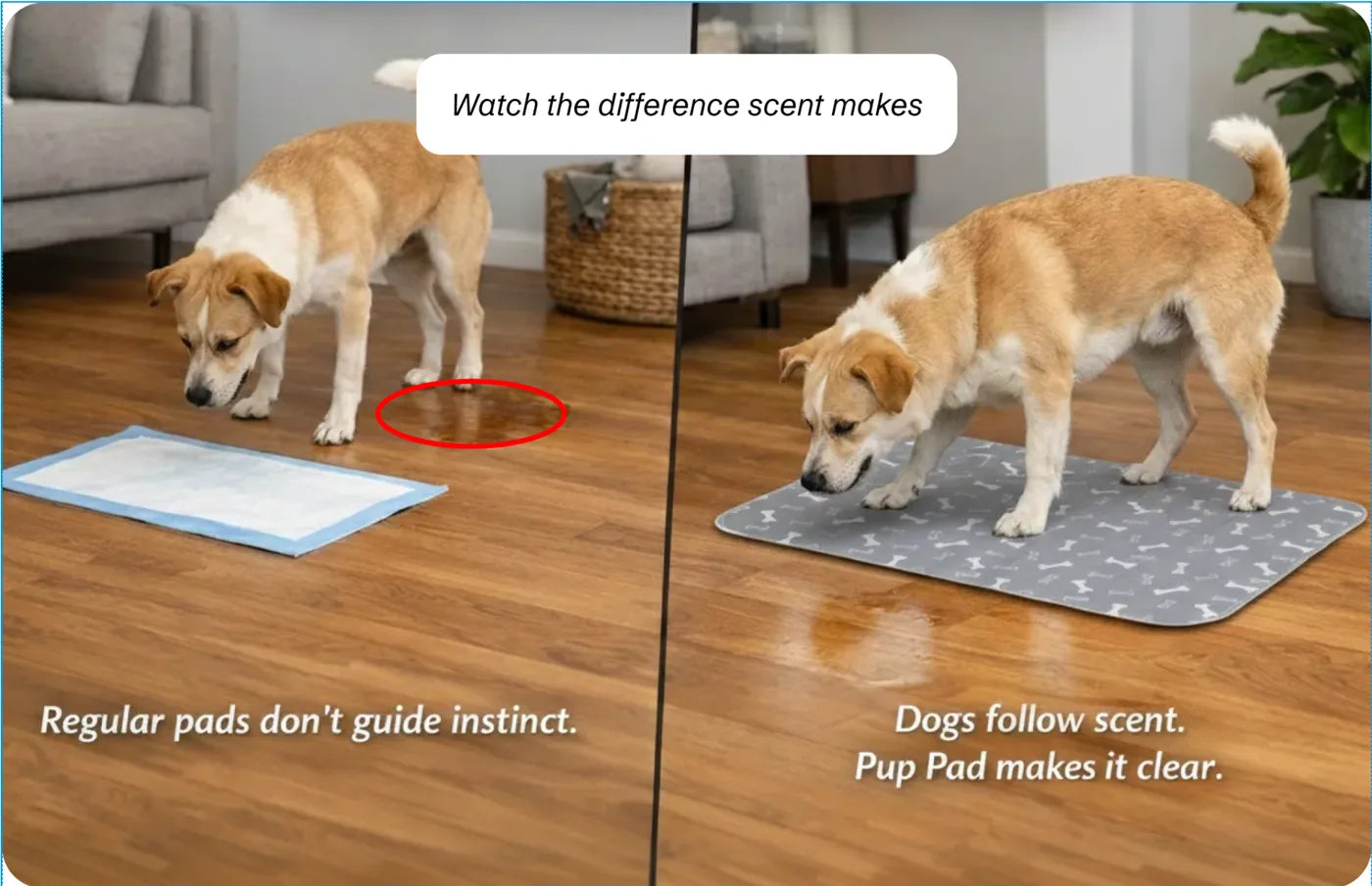 Vergleich: Hund pinkelt neben das Pad und auf das Pfotenpad